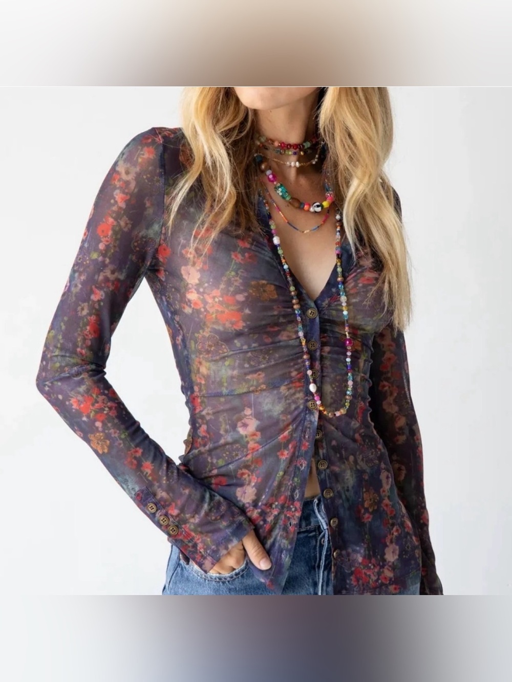 Sheer Floral Button-Front Top in Multi-Color